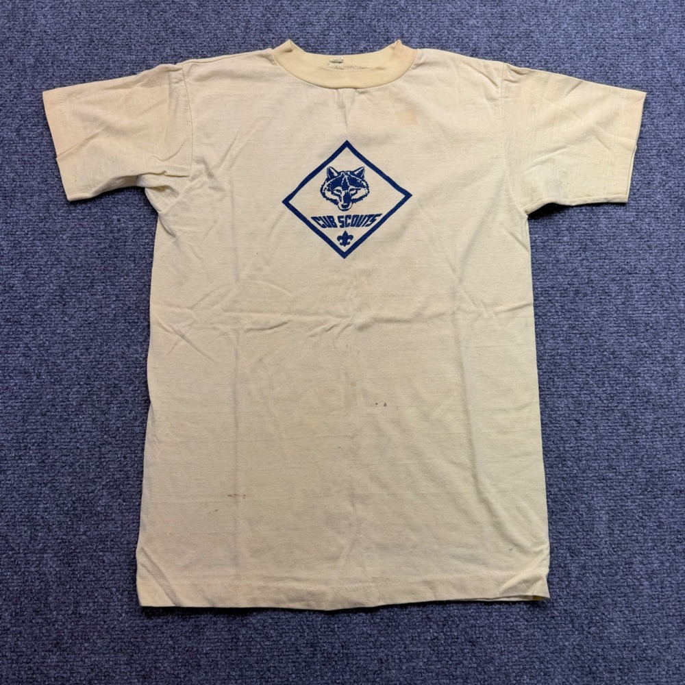 Vintage Cub Scouts T-Shirt Kids Pale Yellow Wolf Graphic Single Stitch USA